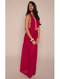 Fuchsia Chiffon Deep Plunge Flower Detail Maxi Dress - 2