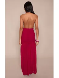 Fuchsia Chiffon Deep Plunge Flower Detail Maxi Dress - 1