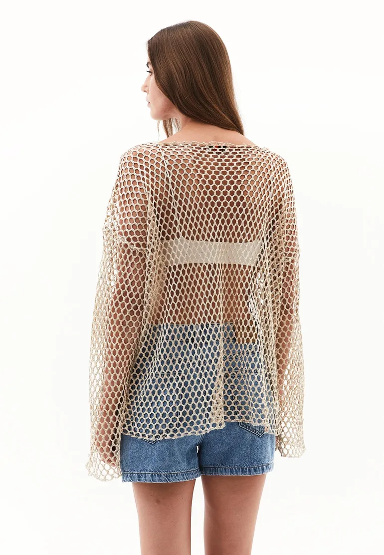 Blouse With Mesh Detailed Long Sleeves - ALMOND MILK - 4