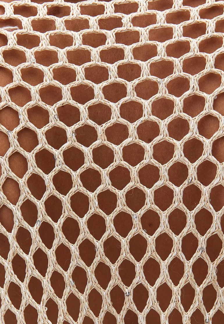 Blouse With Mesh Detailed Long Sleeves - ALMOND MILK - 5