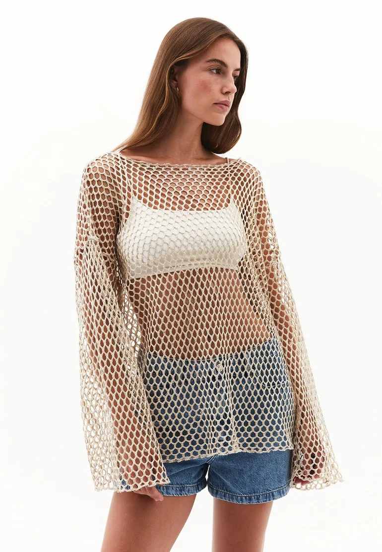Blouse With Mesh Detailed Long Sleeves - ALMOND MILK - 2