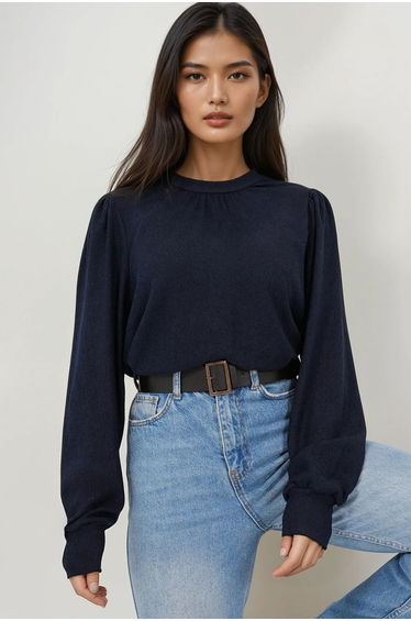 Women's Navy Blue Crew Neck Princess Sleeve Cuff Detail Woven Blouse