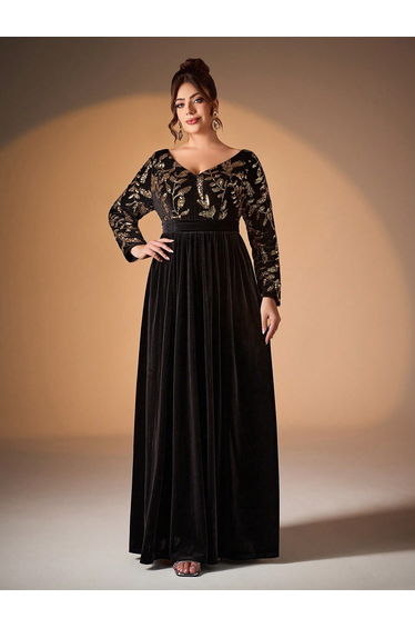 Leely Plus Women's Elegant V Neck Long Sleeve A Line Dress