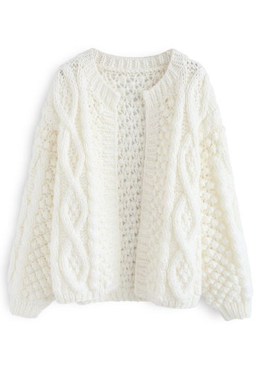 Wintry Morning Cable Knit Cardigan in White