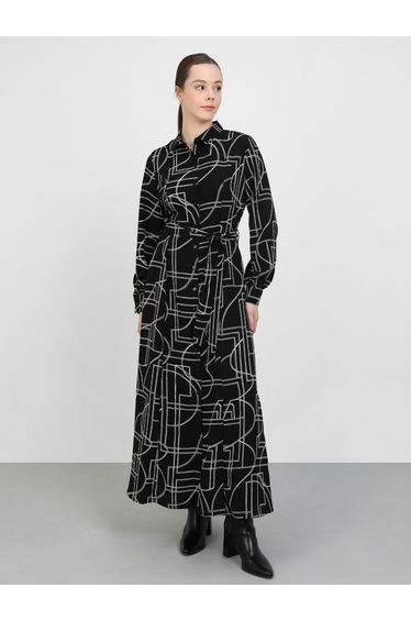All-Over Print Buttoned Maxi Dress with Tie-Up Belt