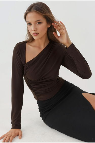 Asymmetrical Collar Long Sleeve Soft Touch Knitted Top