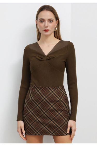 Twisted Mesh Spliced Knit Top in Brown