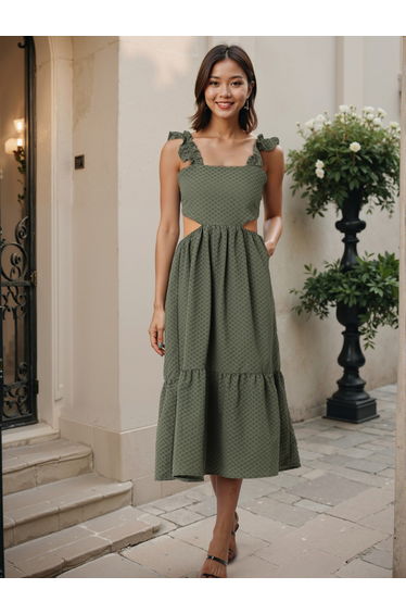 Green Textured Strappy Midi Dress