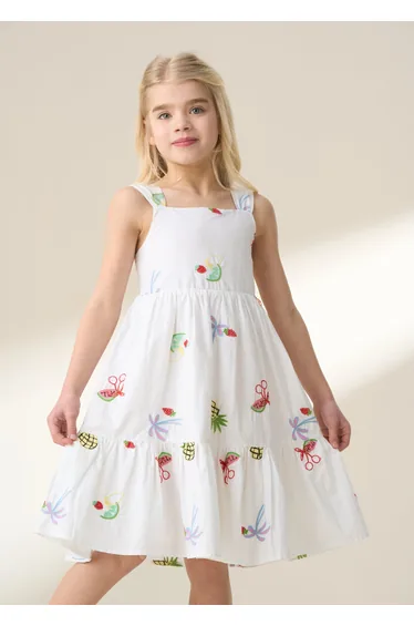 Emmie White Embroidered Fruit Dress