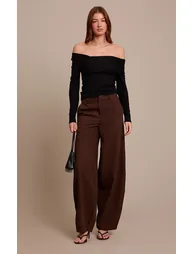 Black Long Sleeve Asymmetric Shoulder Knitted Top - 2