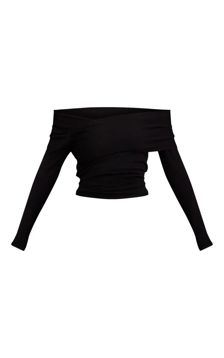 Black Long Sleeve Asymmetric Shoulder Knitted Top - 4