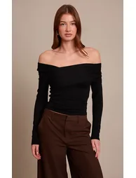 Black Long Sleeve Asymmetric Shoulder Knitted Top