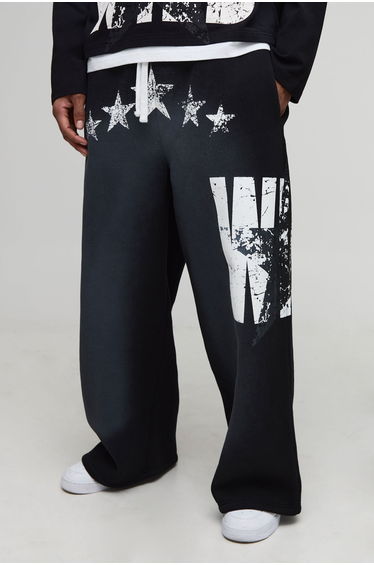 Extreme Wide Leg Faux Boxer Western Wild Star Graphic Washed Jogger - black