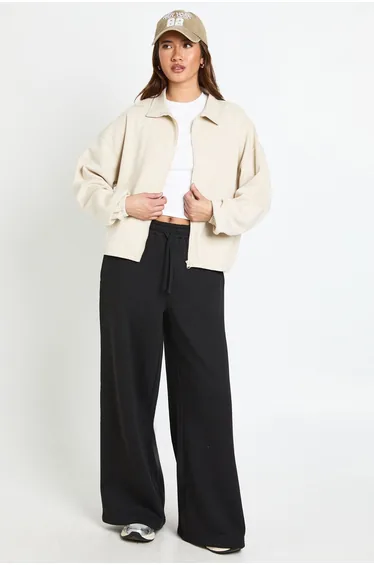 Interlock Bubble Hem Zip Through Bomber Sweatshirt - cream