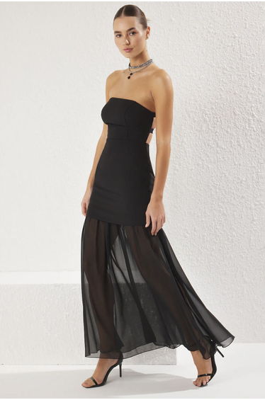 Black A-Line Woven Long Elegant Evening & Graduation Dress