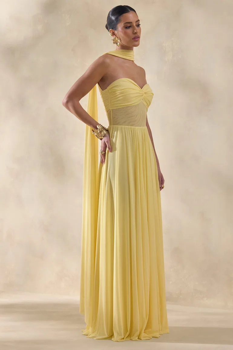 Lyvoria | Lemon Bandeau Maxi Dress With Mesh-Detail And Scarf - 4