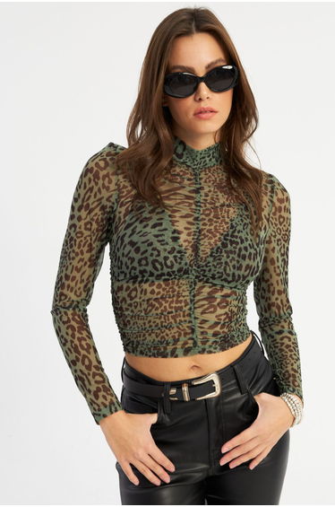 Women's Khaki Pleated Leopard Tulle Blouse