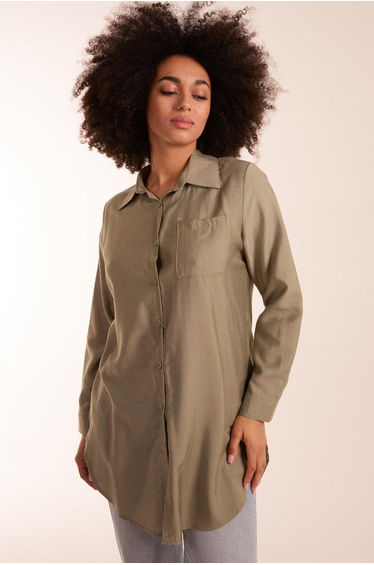 Blue Vanilla Green Collared Long Sleeve Tunic Shirt