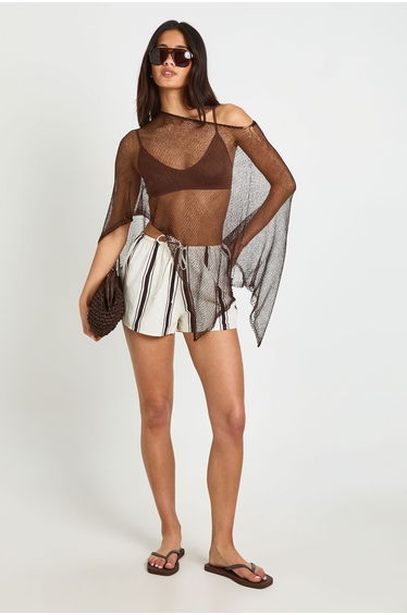 Lightweight Knit Crochet Cape - chocolate