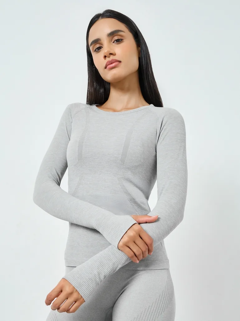 Grey Seamless Contour Detail Short Sleeves Top - 1