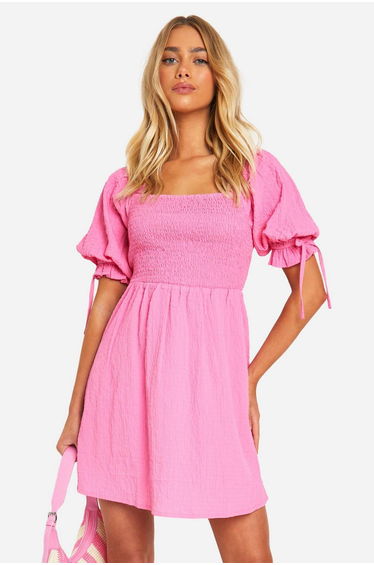 Textured Puff Sleeve Smock Dress - pink