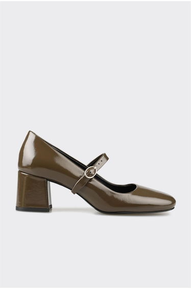 Khaki Leather Women's Heeled Shoes