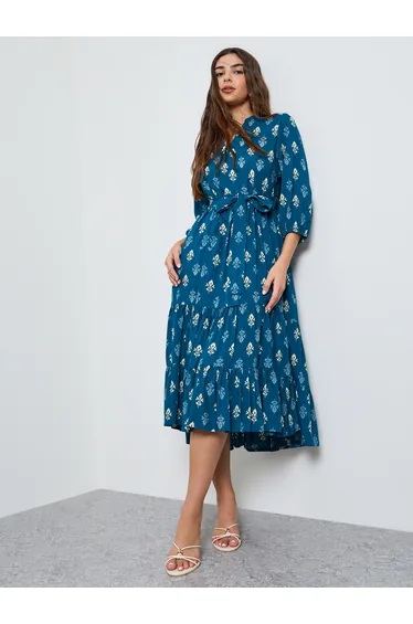 Teal Floral Tiered Midi Dress with Tie-Belt