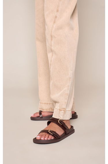 Chocolate Wide Fit Double Buckle Footbed Sandals