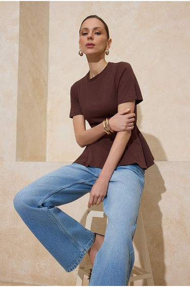 Brown Peplum Short Sleeve 100% Cotton Knitted Blouse