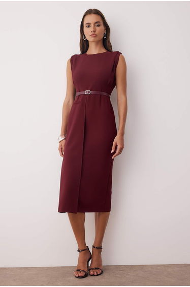 Burgundy Belt Detailed Woven Midi Dress