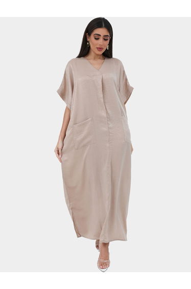 Crinkled Satin V Neck Jalabiya with Pocket Detail