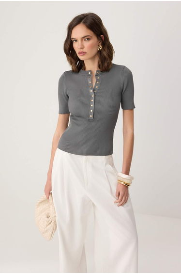 Anthracite Corded Fabric Summer Knitwear Blouse with Snap Detail