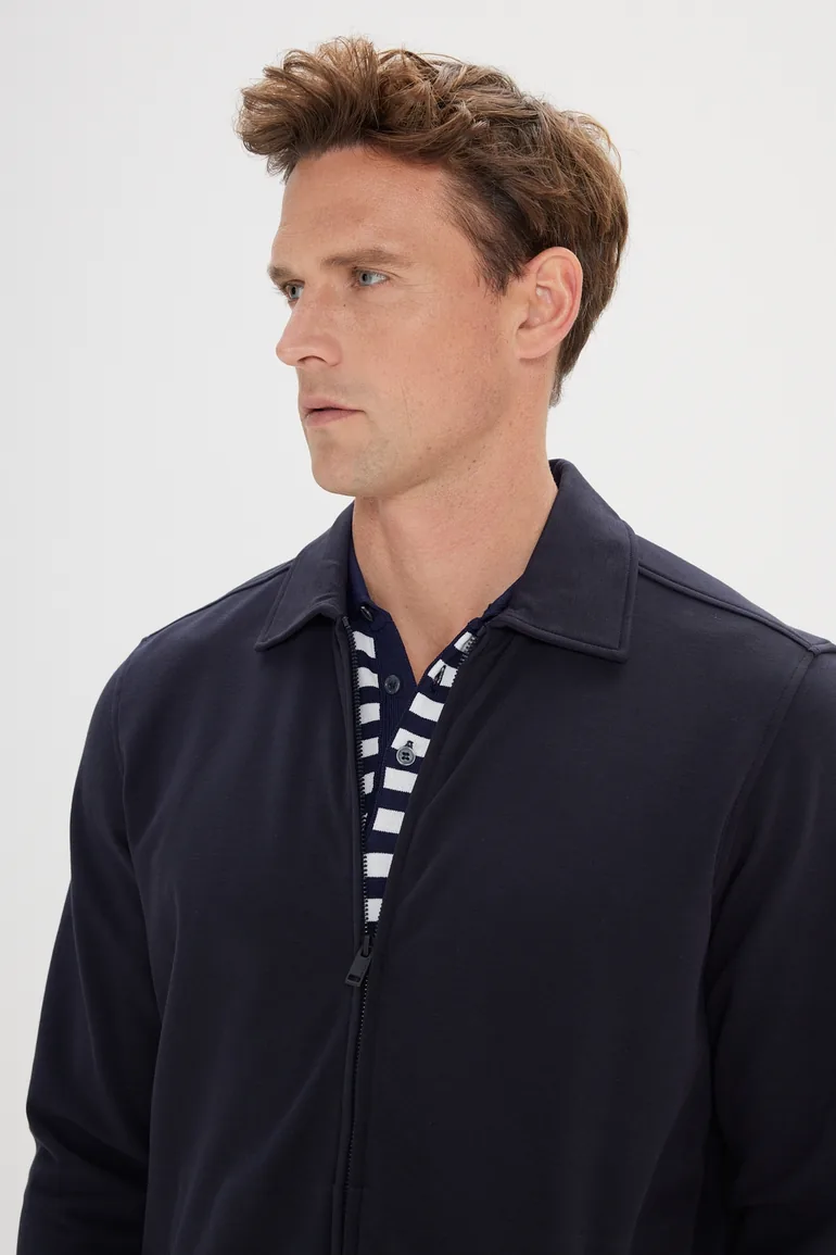 Navy Blue Standard Fit Regular Cut Shirt Collar Cotton Stretchy Coat - 3