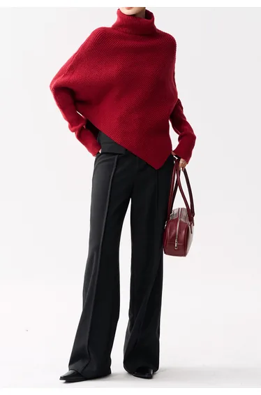 Turtleneck Asymmetric Hem Batwing Sleeve Ribbed Knit Sweater