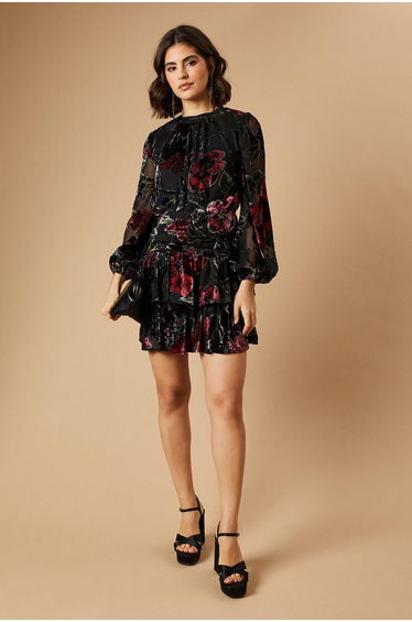 Devore Tiered Blouson Sleeve Mini Dress