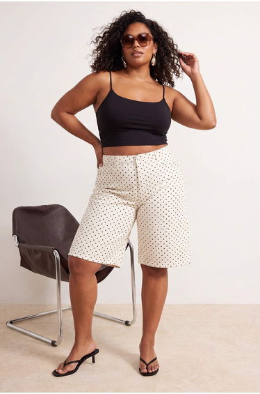 White Polka Dot Patterned High Waist Plus Size Shorts & Bermuda