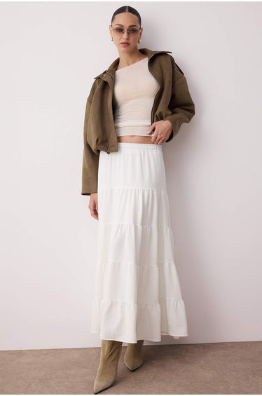 White Cotton Textured Fabric Maxi Length Woven Skirt