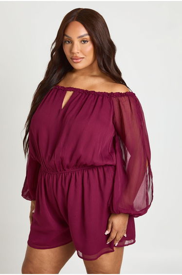 Plus Chiffon Bardot Balloon Sleeve Playsuit - burgundy