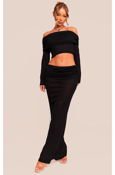 Black Sheer Burnout Mesh Fold Over Hem Low Rise Maxi Skirt