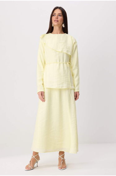 Yellow Belted Unlined Plain Woven Dress Modal Fabric Hijab Dress