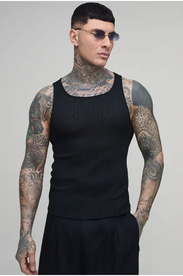 Tall Muscle Fit Textured Ribbed Vest - black