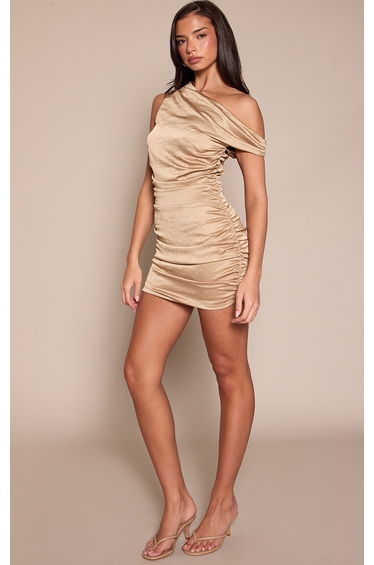 Gold Satin Textured Asymmetric Mini Dress