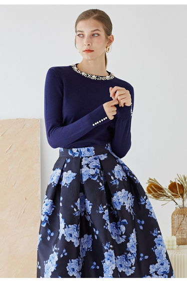 Pearl Trimmed Soft Knit Top in Navy