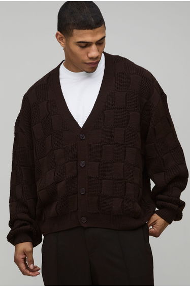 Oversized Mixed Cable Knitted Cardigan - brown