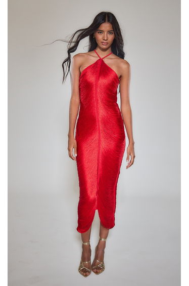 Red Fringe Detail Halter Neck Maxi Dress
