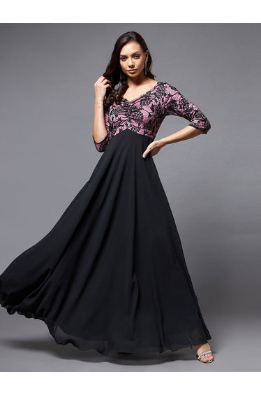 Floral Mesh Insert A-Line Maxi Dress
