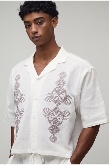 Boxy Crop Textured Revere Embroidered Shirt - ecru