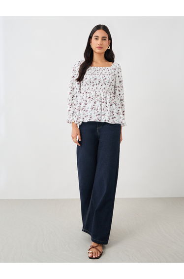 Ditsy Print Puff Sleeve Smocked Detail Blouse