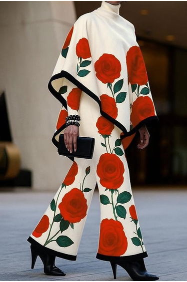 Long Sleeves Loose Flower Print High Neck 1 Piece Cape