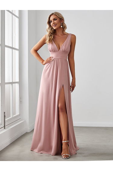 ever SORAYA|Sleeveless V-Neck Empire Waist High Slit Floor-Length Evening Dress